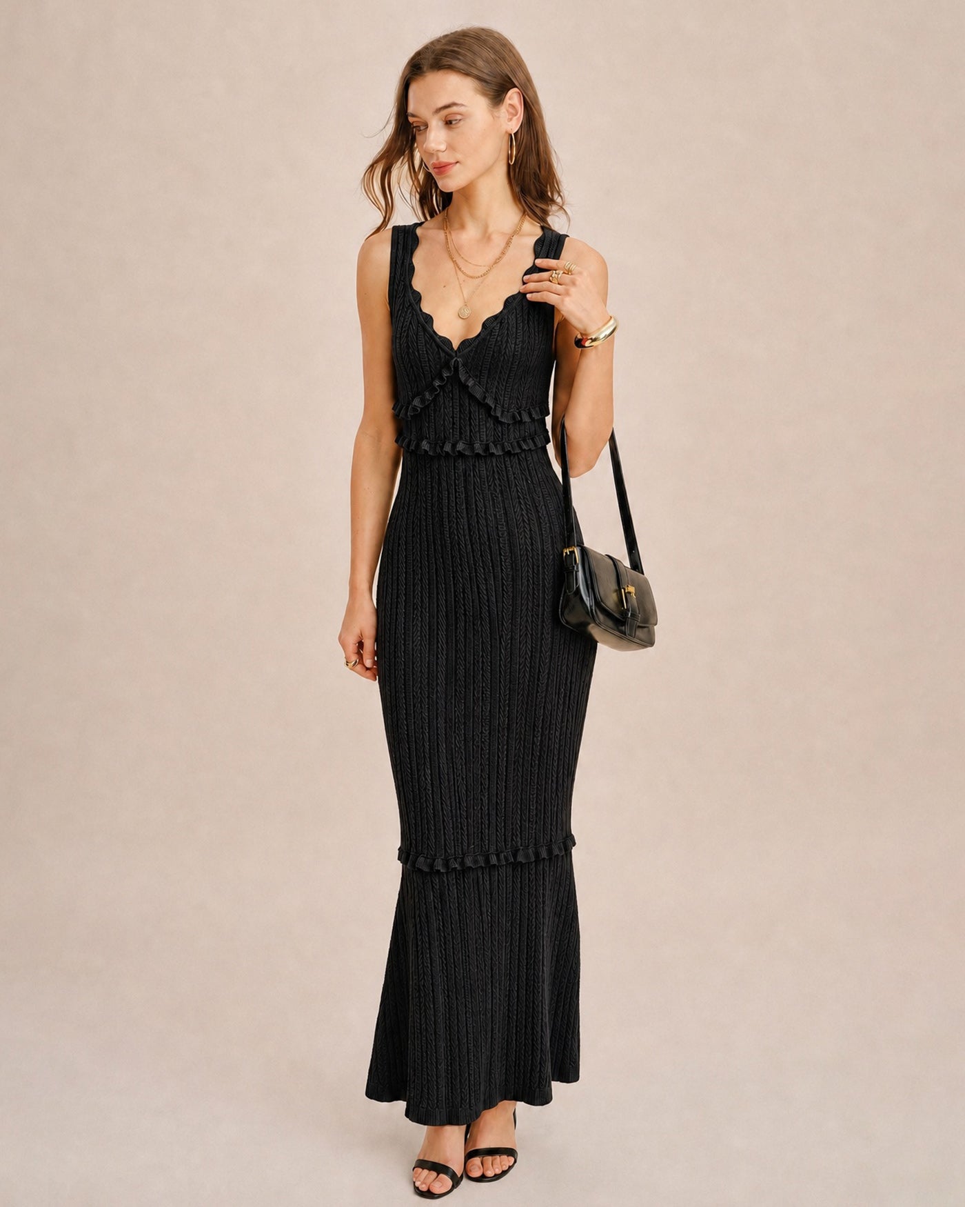 Rihoas Ribbed Knit V Neck Maxi Dress Mermaid for Business Casual, Summer Office, Networking Event, Black / S