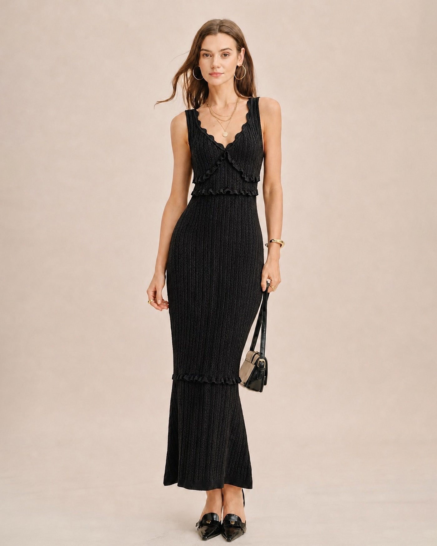 Rihoas Ribbed Knit V Neck Maxi Dress Mermaid for Business Casual, Summer Office, Networking Event, Black / S