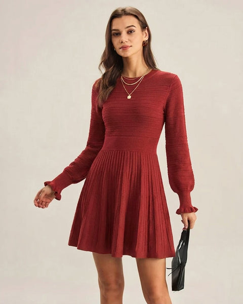 Rihoas Pleated Sweater Dress Lantern Sleeve Ruffle Cuff, Red / M