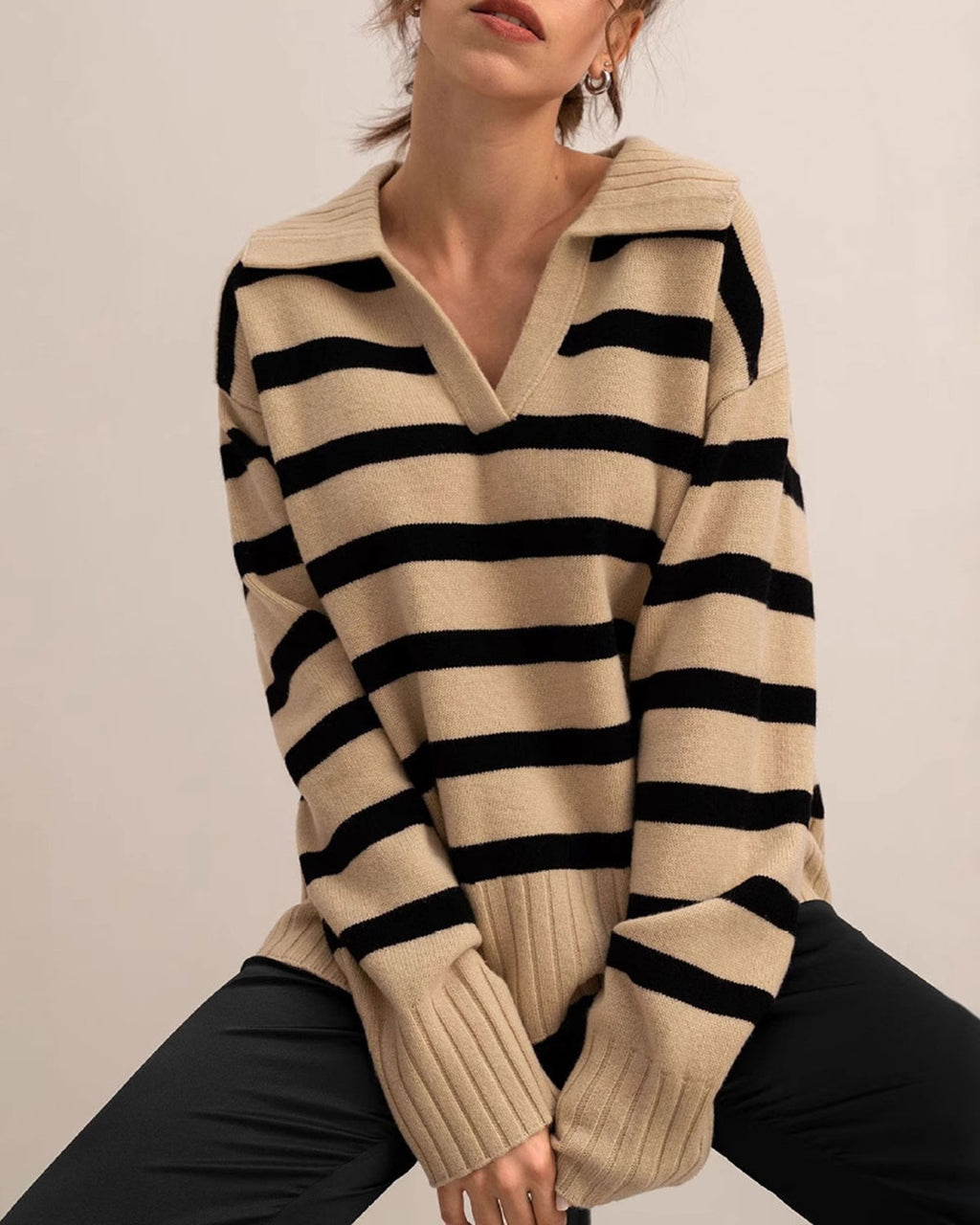 Women's Knitted Viscose Sweater Khaki Tops - RIHOAS