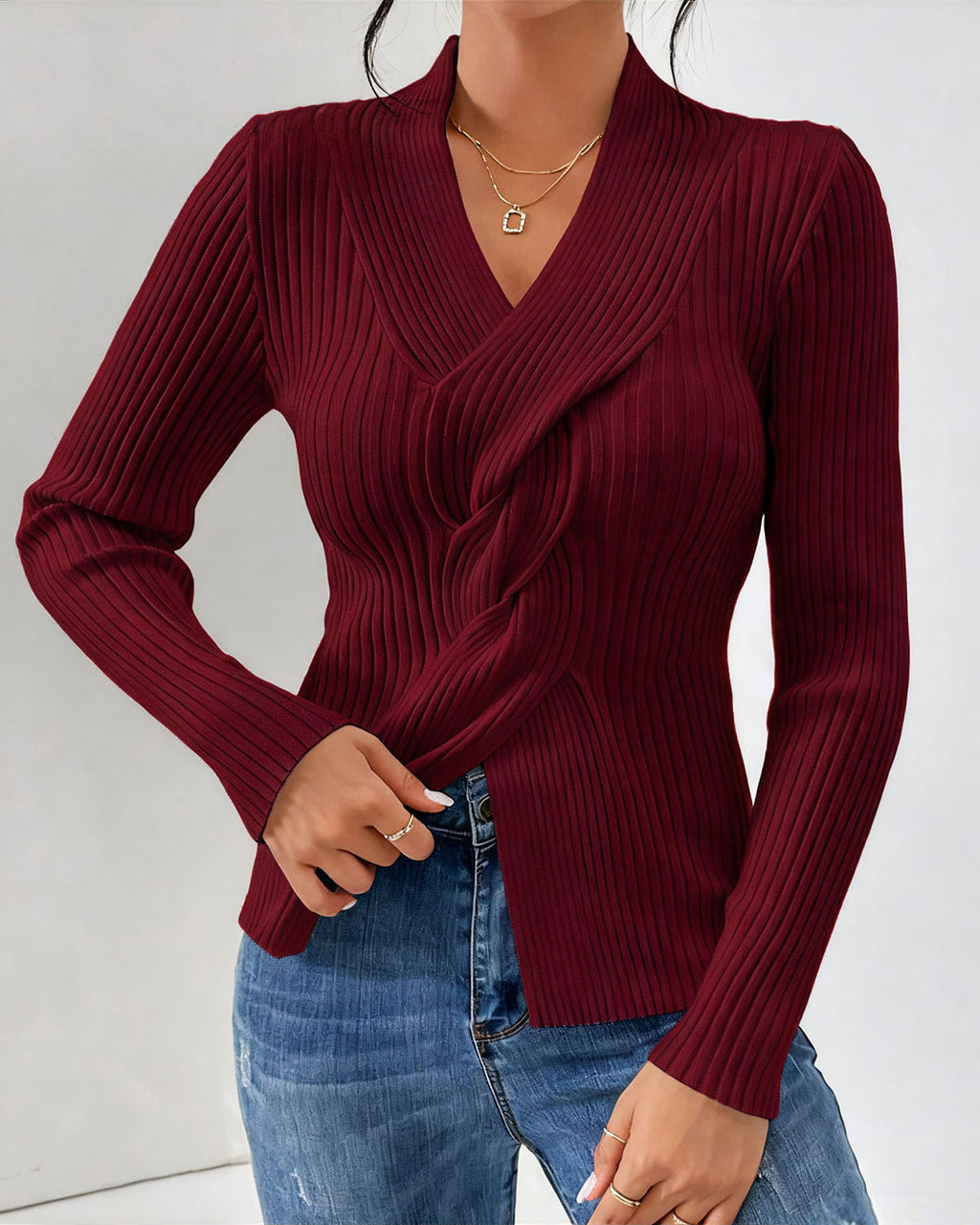 Women's Knitted Viscose Sweater Red Tops - RIHOAS