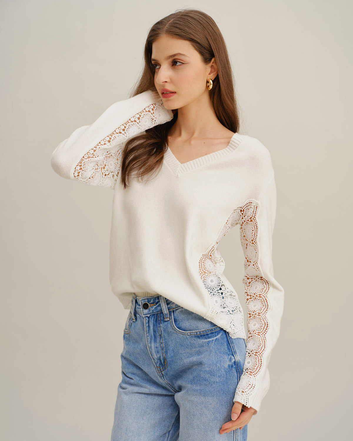 Women's Knitted Viscose Sweater White Tops - RIHOAS
