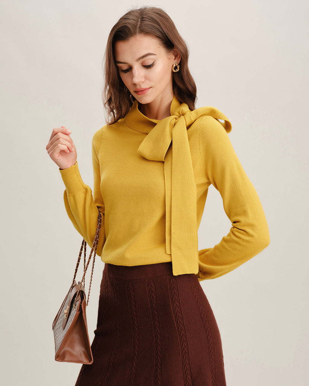 Women's Knitted Viscose Sweater Yellow Tops - RIHOAS