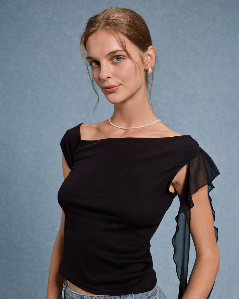 Women's Knitted Viscose Tees Black Tops - RIHOAS
