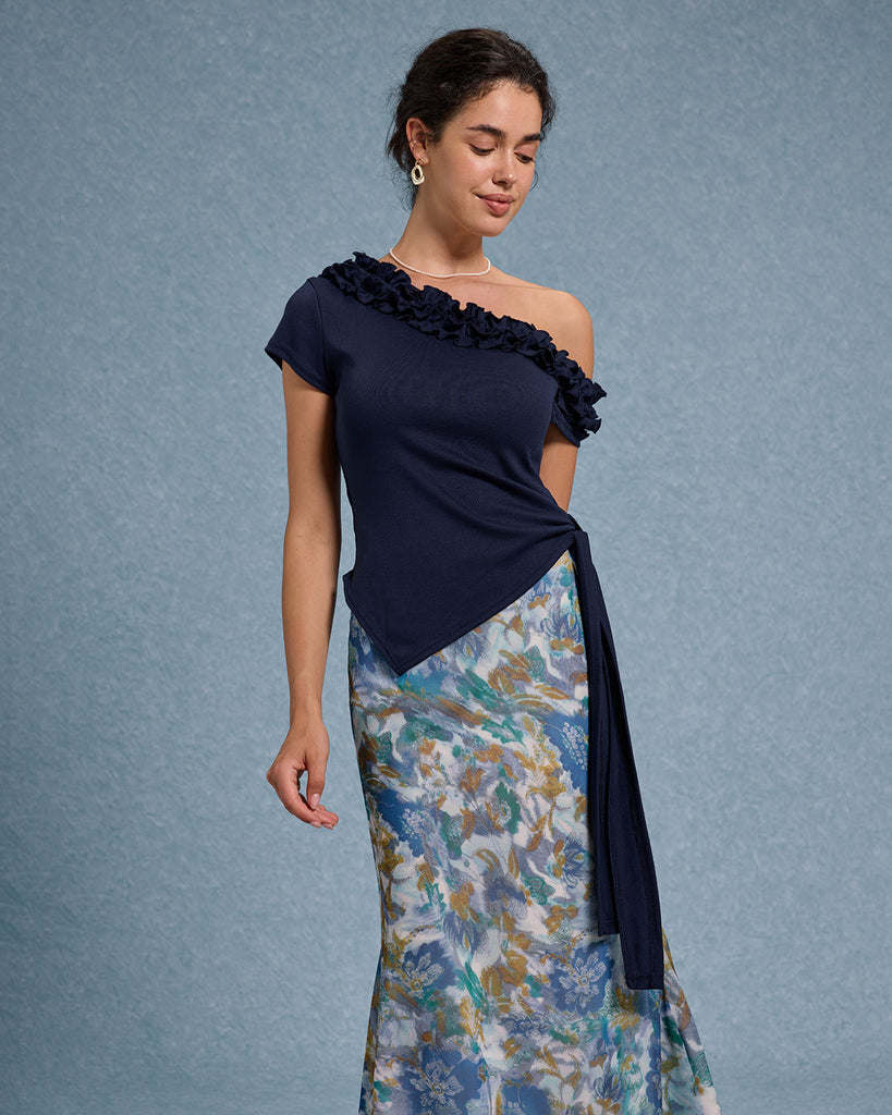 Women's Knitted Viscose Tees Blue Tops - RIHOAS