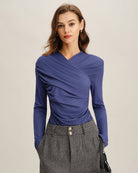 Women's Knitted Viscose Tees Blue Tops - RIHOAS