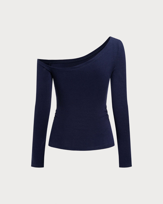 Navy One Shoulder Knit Tee & Reviews - Navy - Tops | RIHOAS