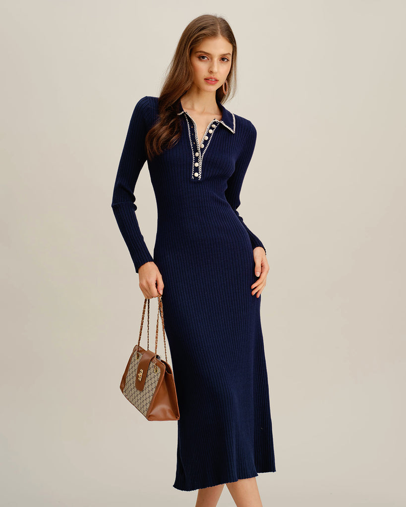 Women's Knitted Viskose Dresses Blue Dresses - RIHOAS