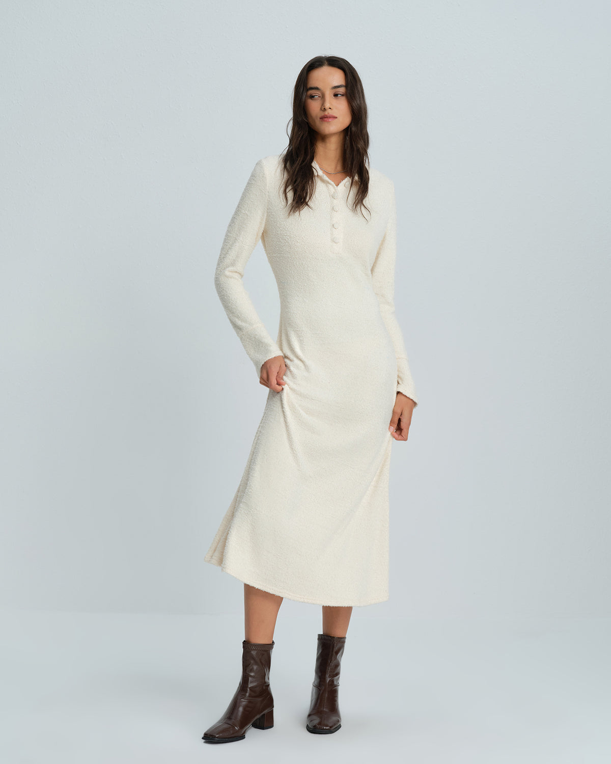 Women's Knitted Wool Midi Dress Apricot Dresses - RIHOAS