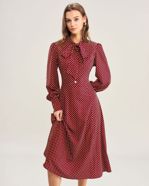 red long sleeve polka dot dress Tied Polka Dot Long Sleeve Midi Dress Burgundy / XL
