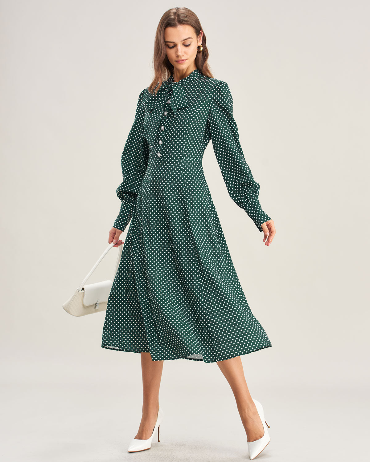 Green Polka Dot Tie Neck Midi Dress & Reviews - Green - Dresses | RIHOAS Green Polka Dot Tie Neck Midi Dress & Reviews - Green - Dresses | RIHOAS