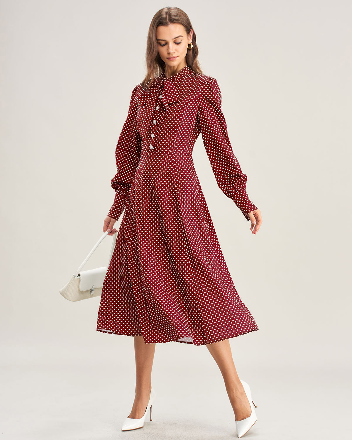 Wine Red Bishop Sleeve Polka Dot Midi Dress Wine Red Bishop Sleeve Polka Dot Midi Dress