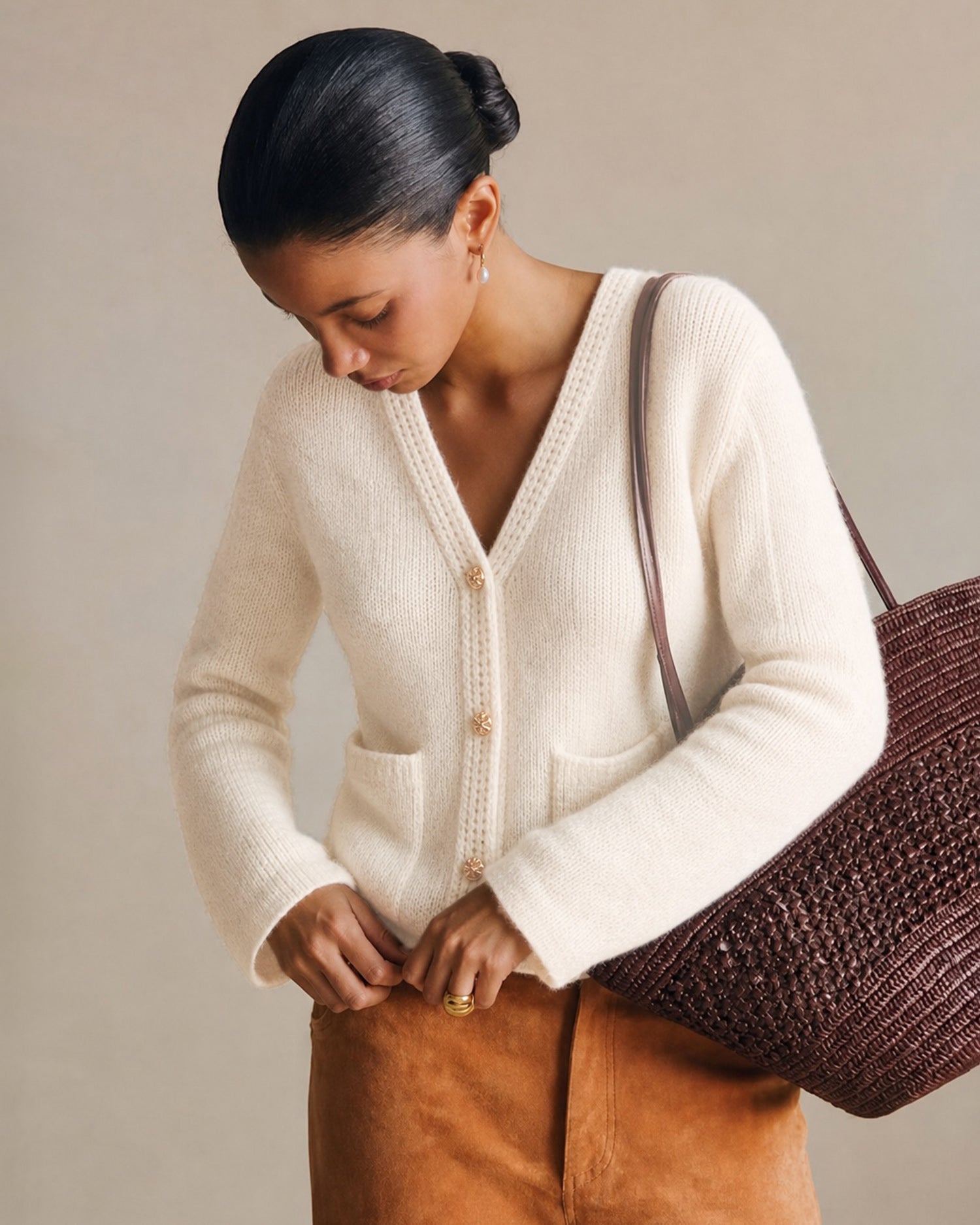 Women's Nylon Knit Sweater Apricot Tops - RIHOAS