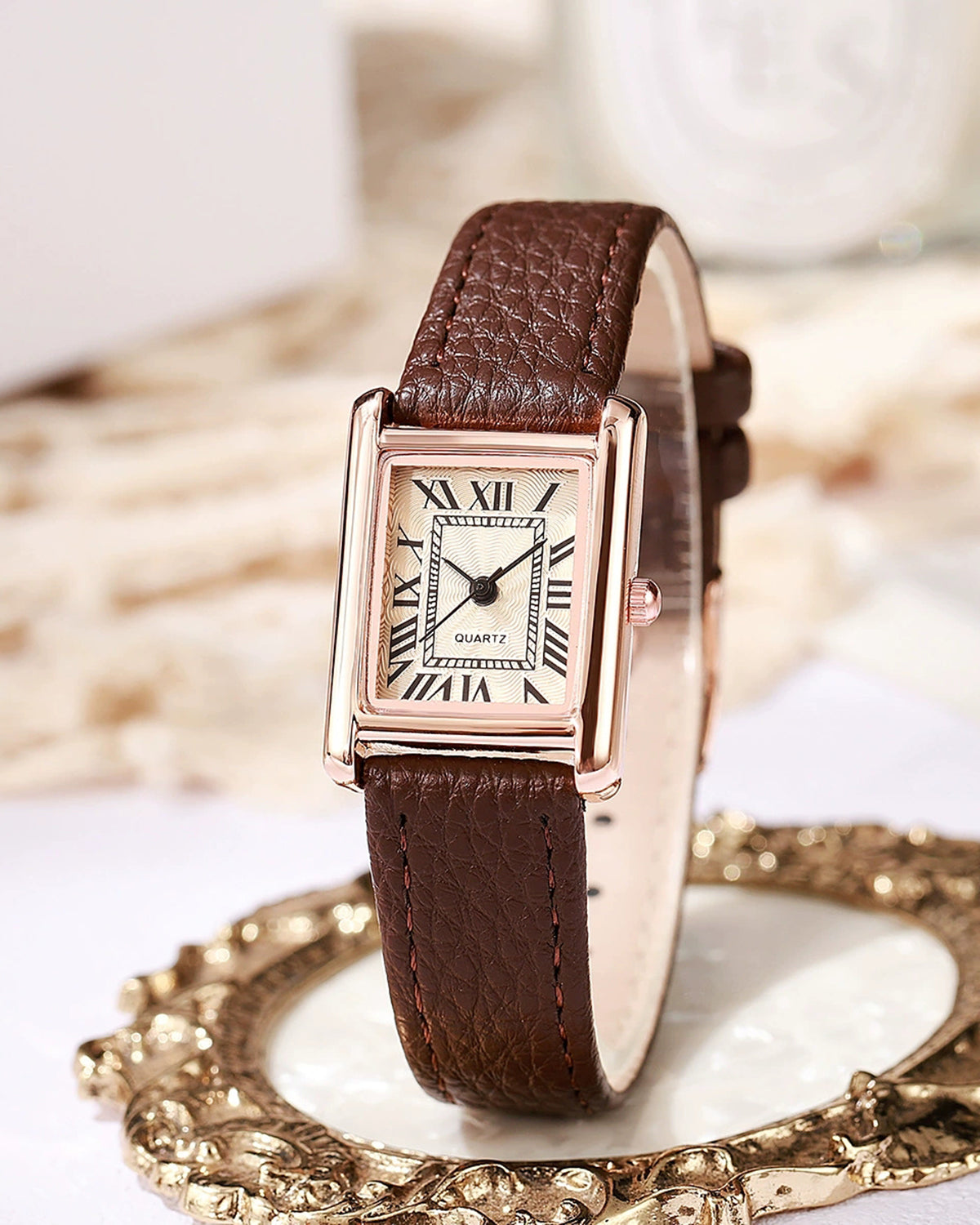 Women's PU Leather Strap Quartz Watch Brown Watch - RIHOAS