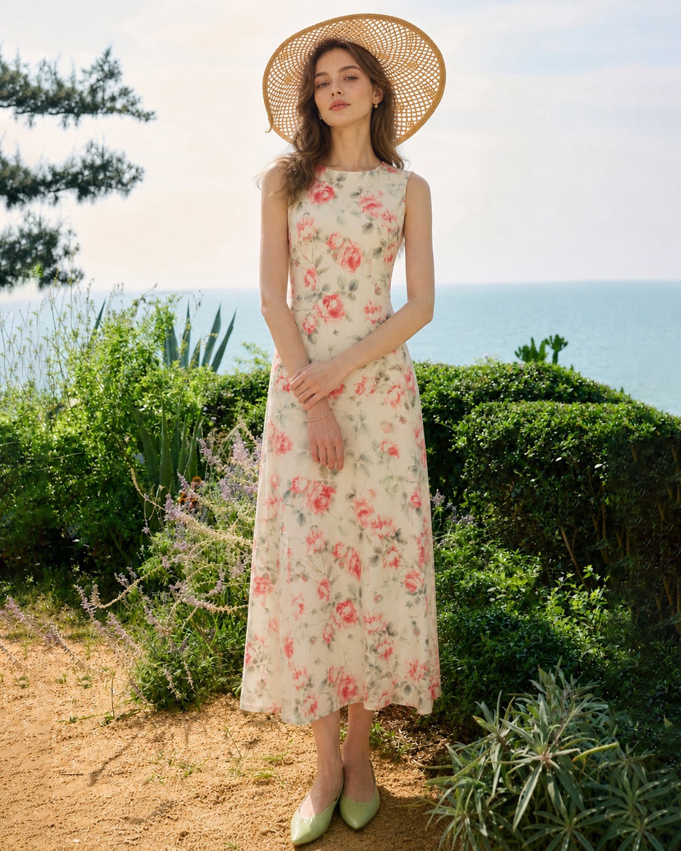 Rihoas Round Neck Sleeveless Floral Maxi Dress for women, Pink / XS