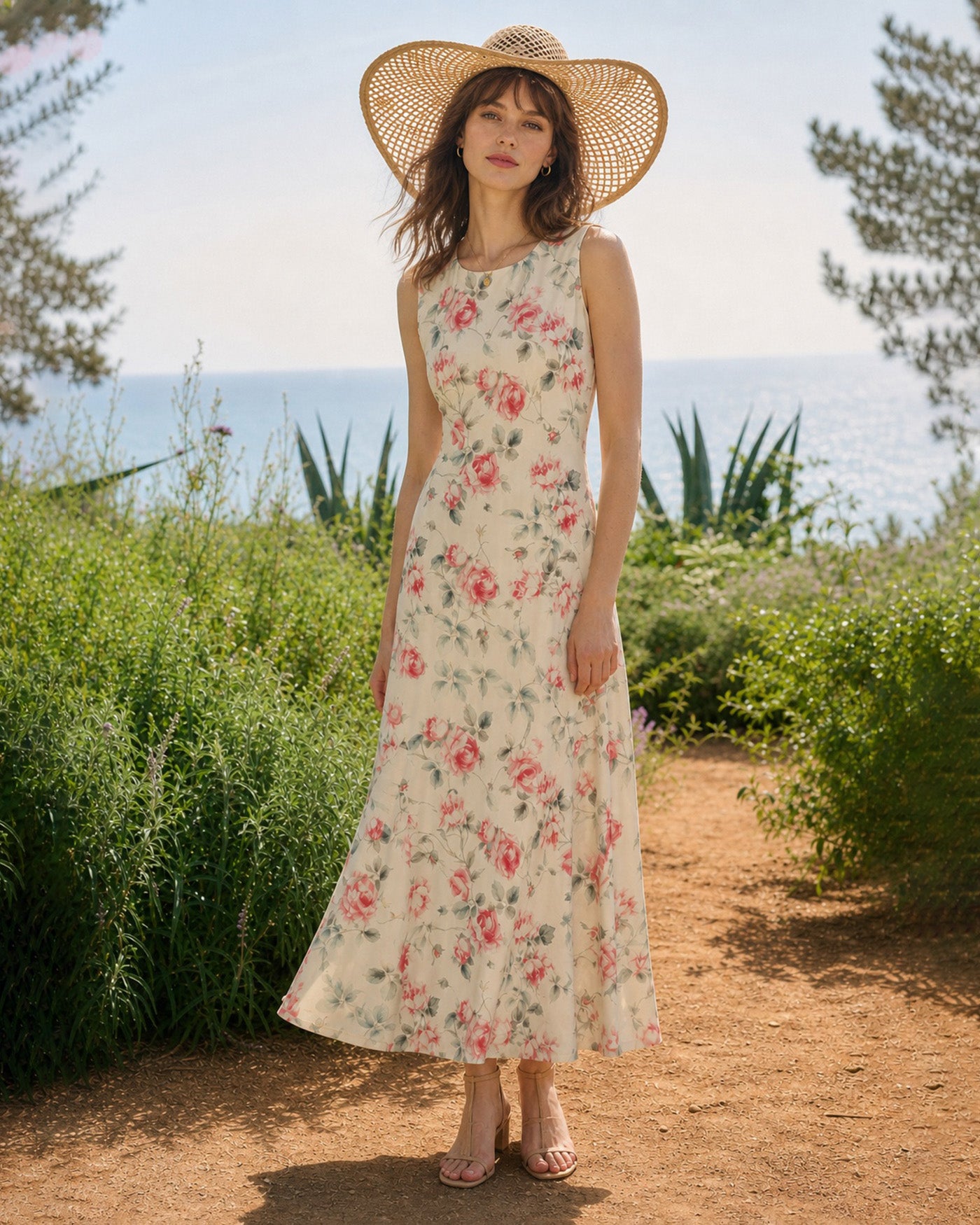 Rihoas Round Neck Sleeveless Floral Maxi Dress for women, Pink / XS