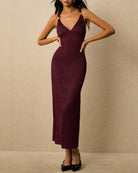 Women's Polyester Knit Maxi Dress Wine Red Dresses - RIHOAS
