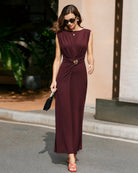 Women's  Polyester Knit  Maxi Dress Wine Red Dresses - RIHOAS
