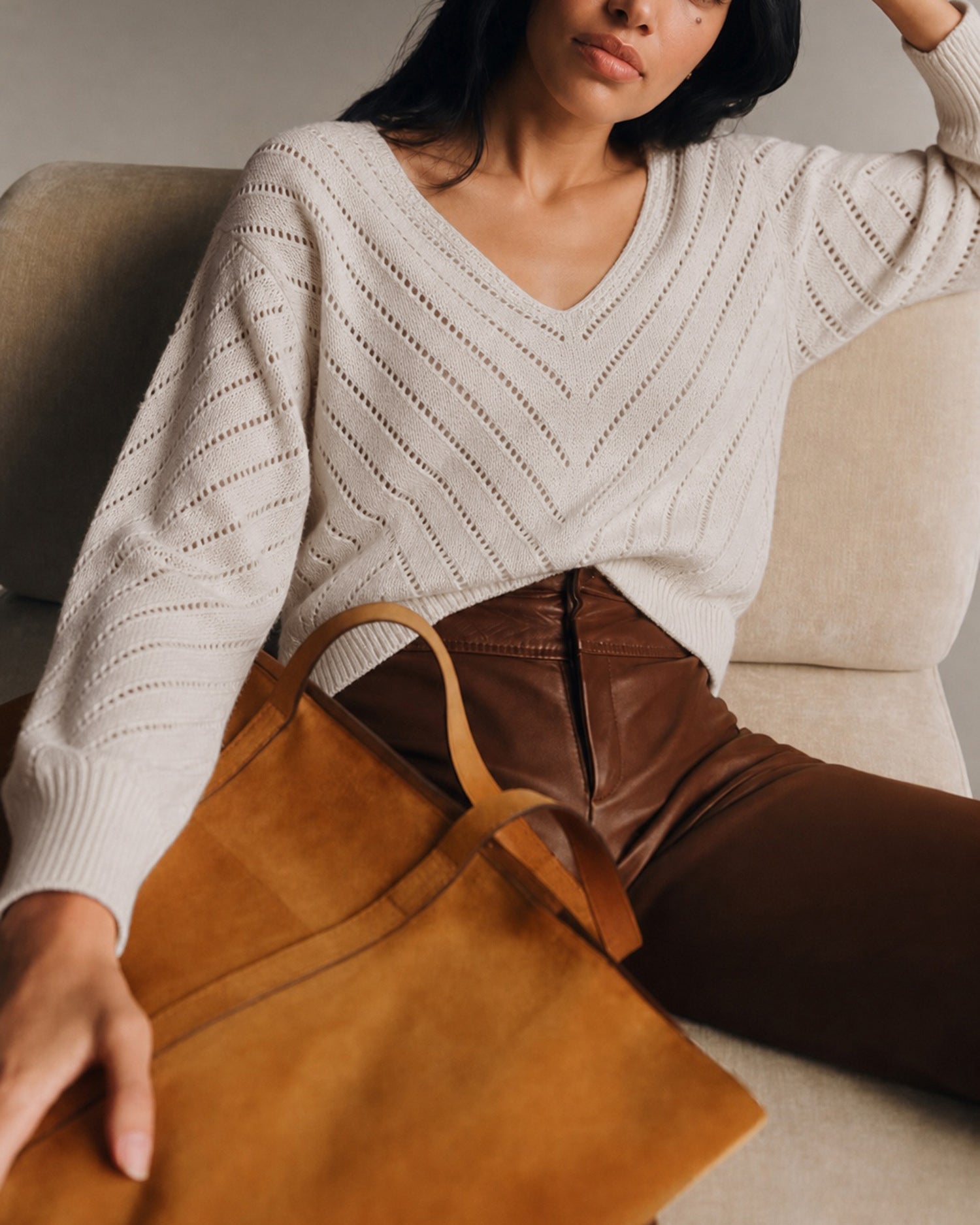 Apricot V Neck Textured Knit Sweater 01