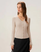 Apricot V Neck Button Knit Sweater 01