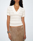 Women's Polyester Knit Sweater Off White Tops - RIHOAS