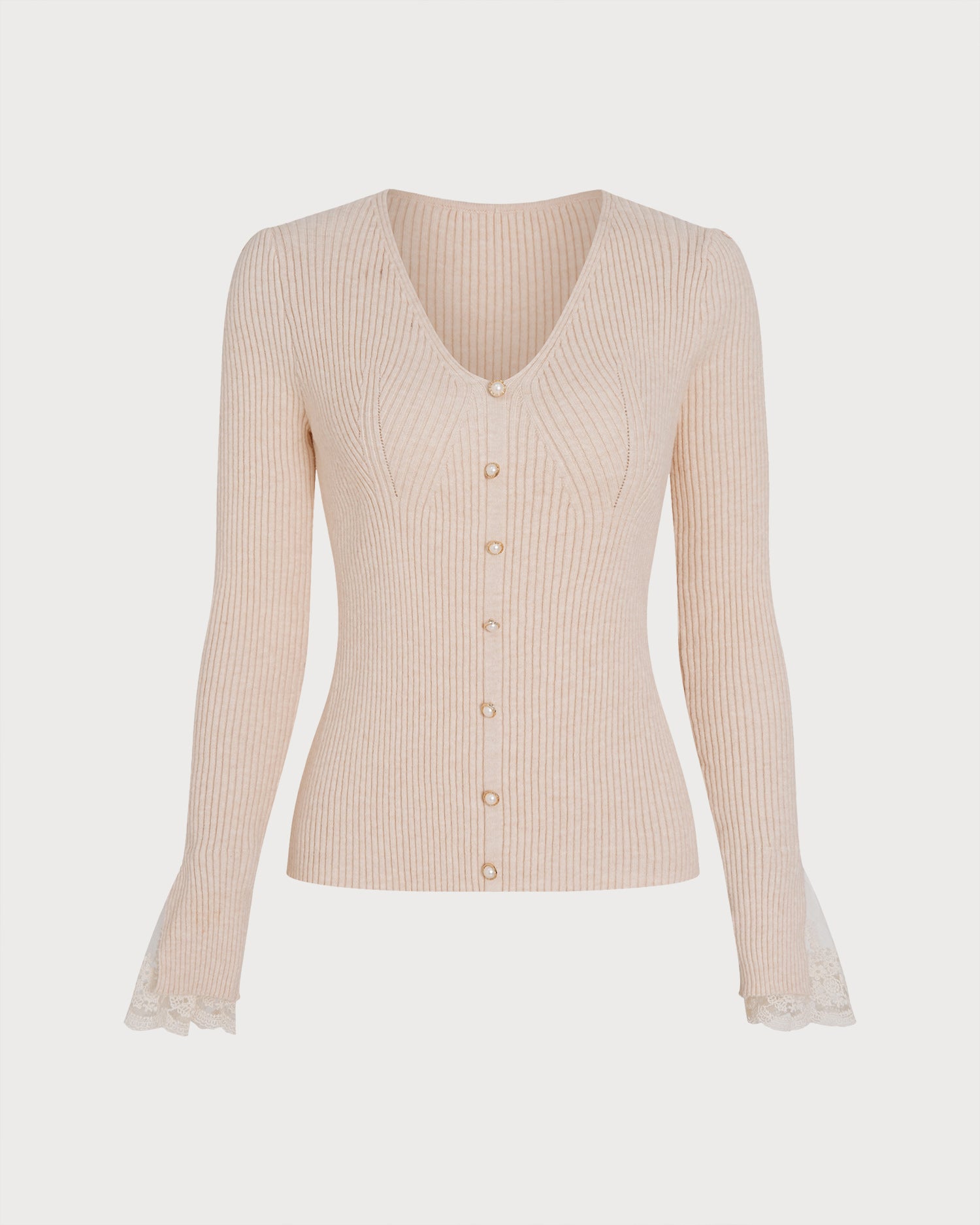Apricot V Neck Button Knit Sweater 02