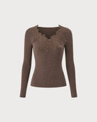 Coffee V Neck Lace Knit Sweater 02