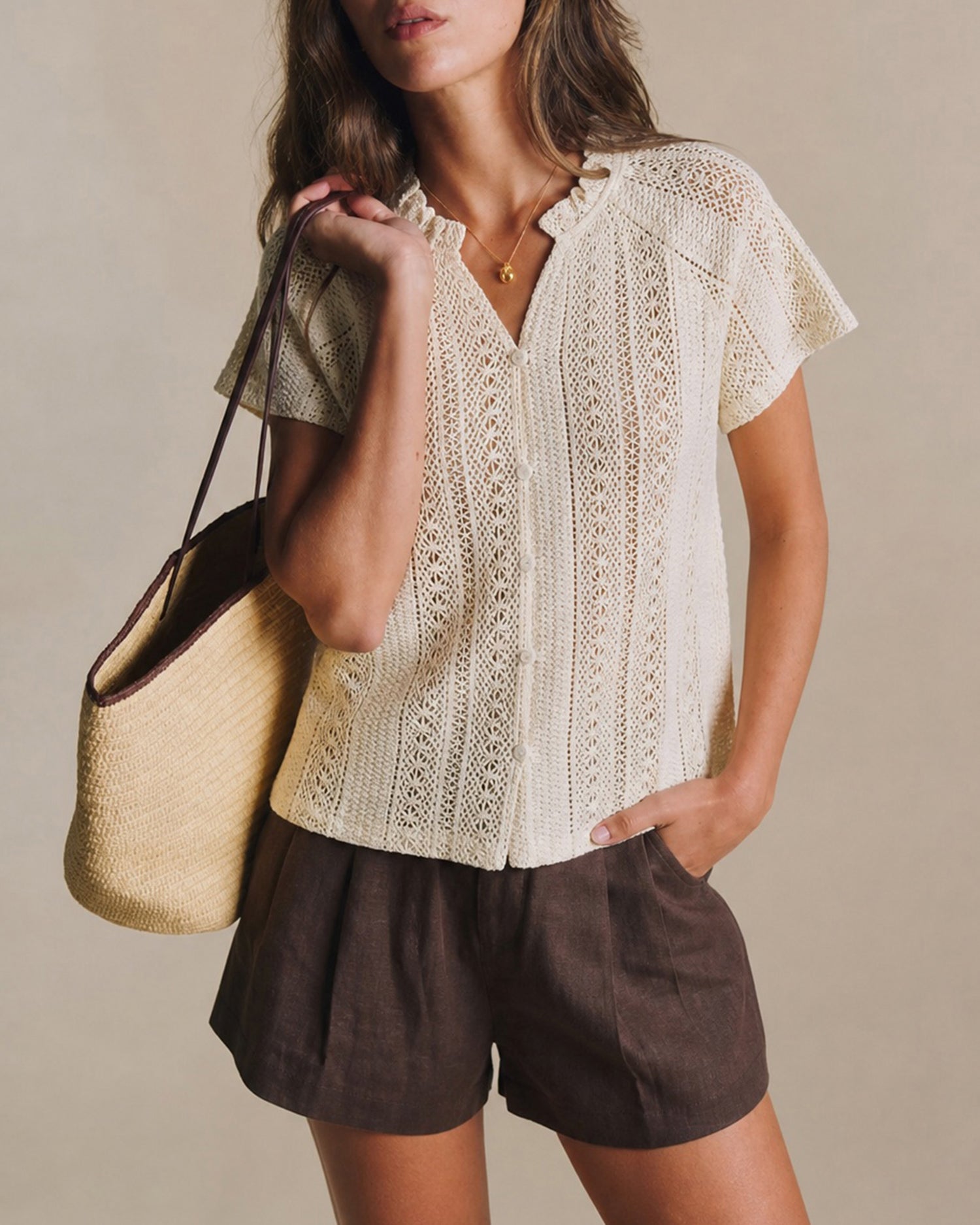 Apricot V Neck Cut Out Button Tee 01
