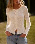 Apricot Floral Button Knit Tee 01