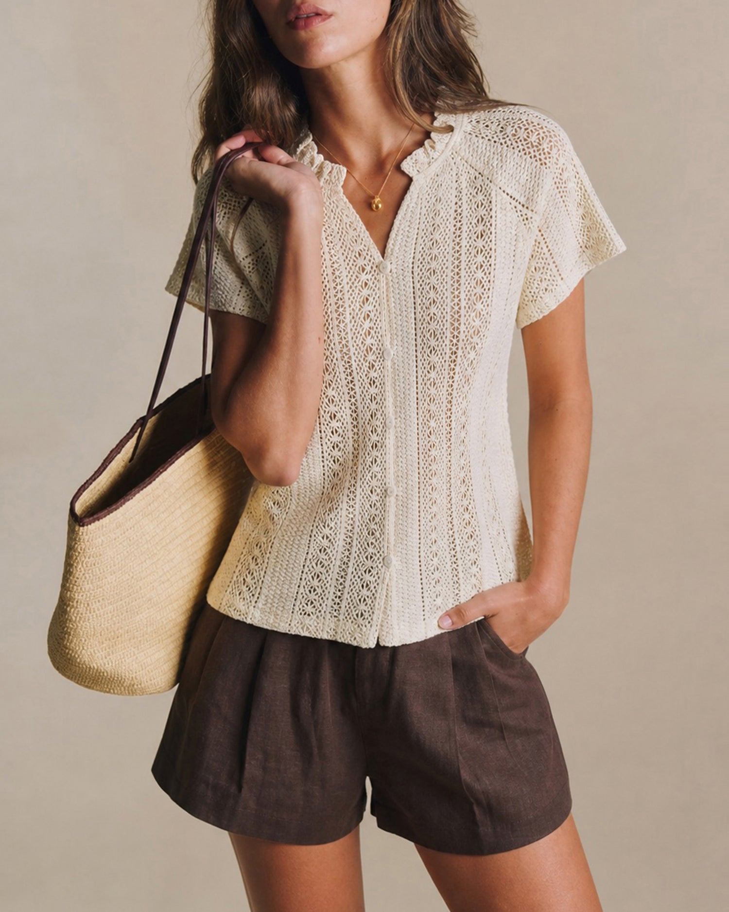 Apricot V Neck Cut Out Button Tee Apricot - RIHOAS