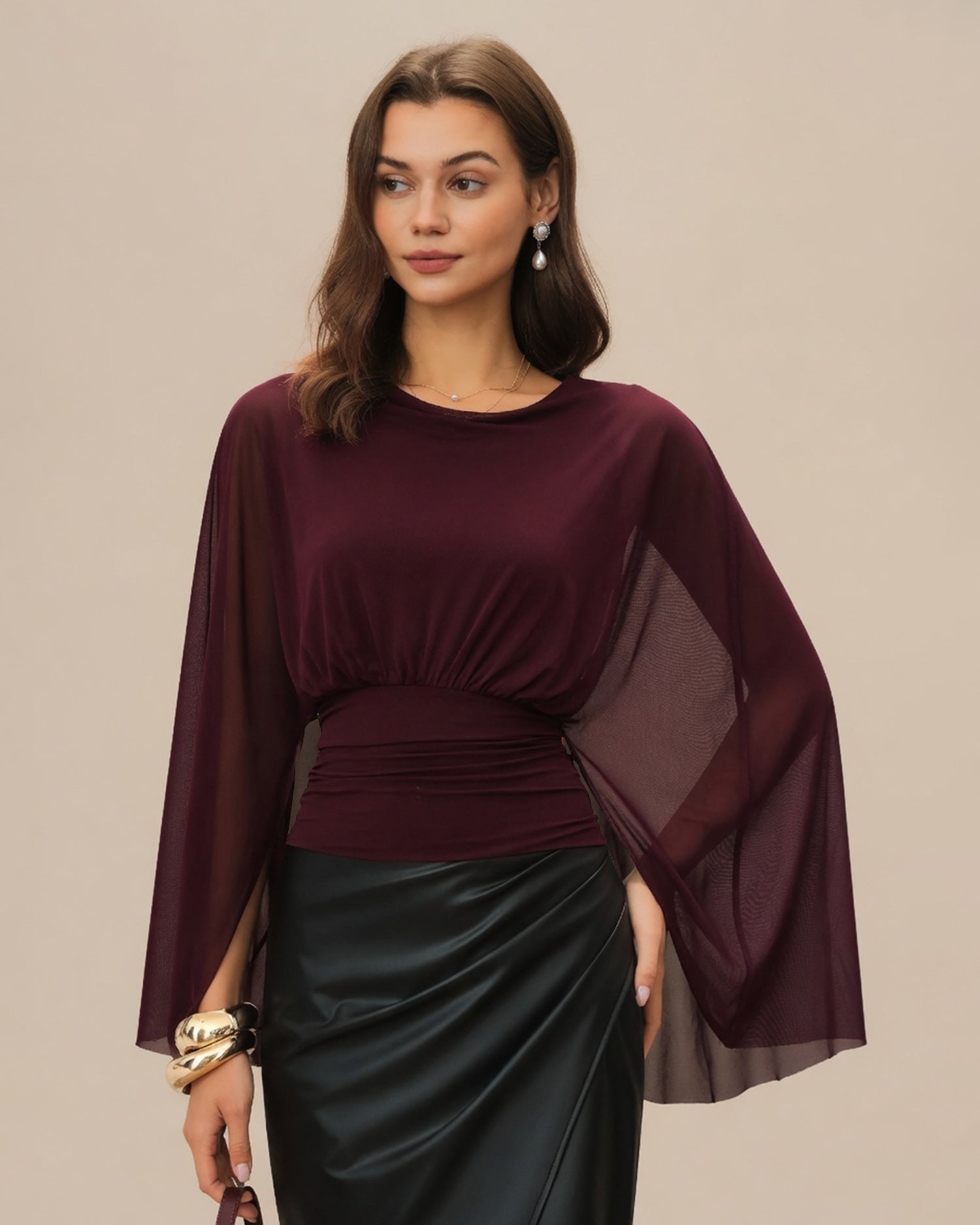 Women's Polyester Knit Top Wine Red - RIHOAS