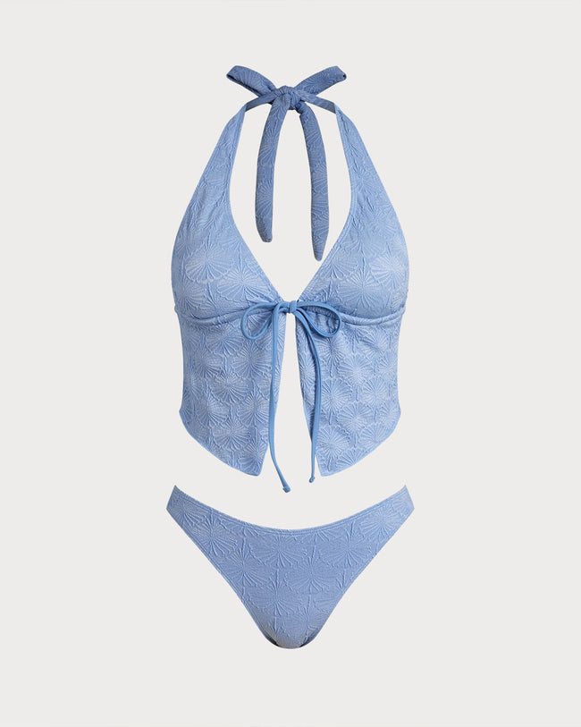 Women's Polyester Knitted Tankini Set Light Blue Tankinis - RIHOAS