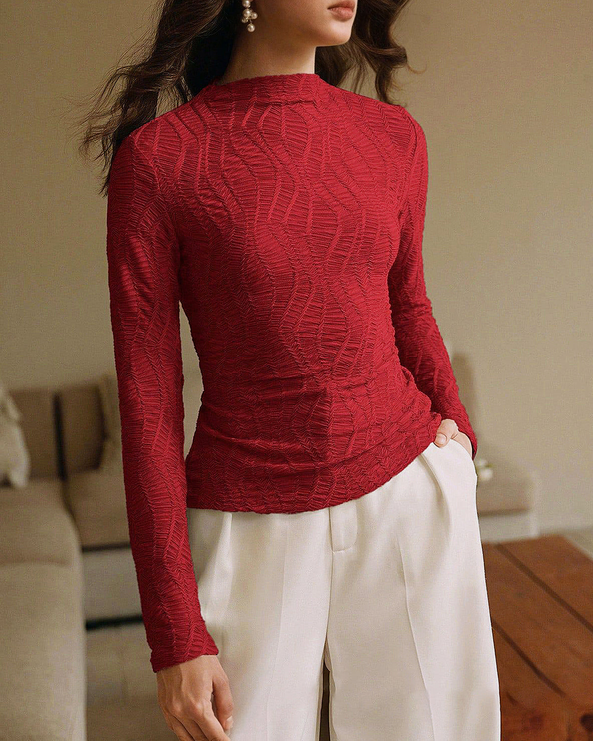 Women's Polyester Woven Top Red Tops - RIHOAS