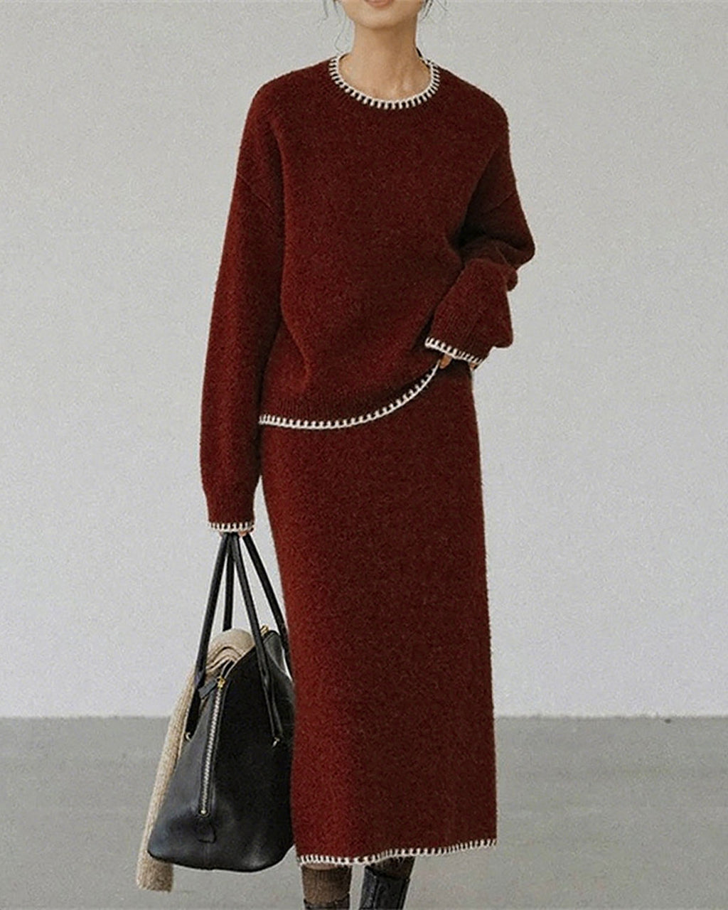 Women's Two-piece Polyester Knit Skirt Suit Wine Red Two-Piece Outfits - RIHOAS