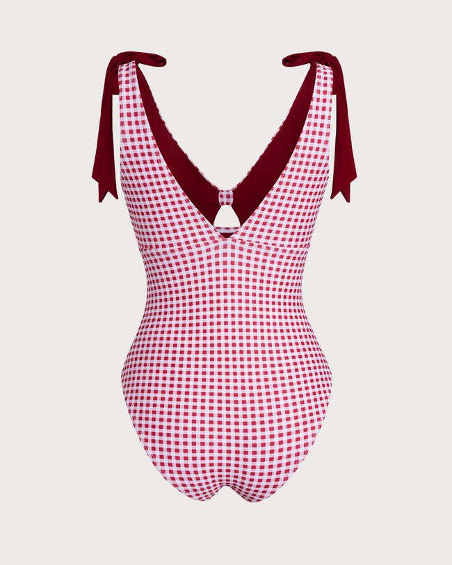 Women's V-neck plaid print one-piece swimsuit One-Pieces - RIHOAS