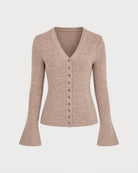 Camel V Neck Bell Sleeve Knit Cardigan 02