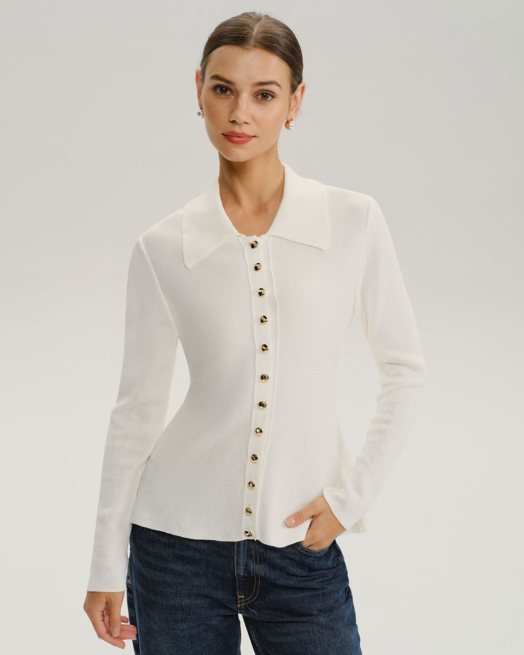 Women's Woolen Polyester Cardigan White Tops - RIHOAS
