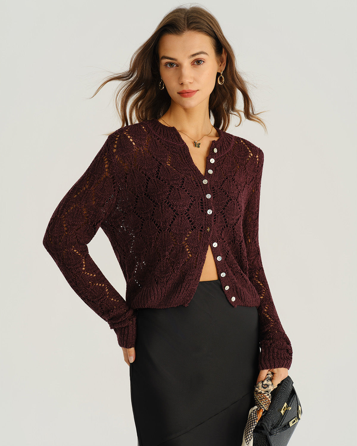 Women's Woolen Polyester Cardigan Wine Red Tops - RIHOAS