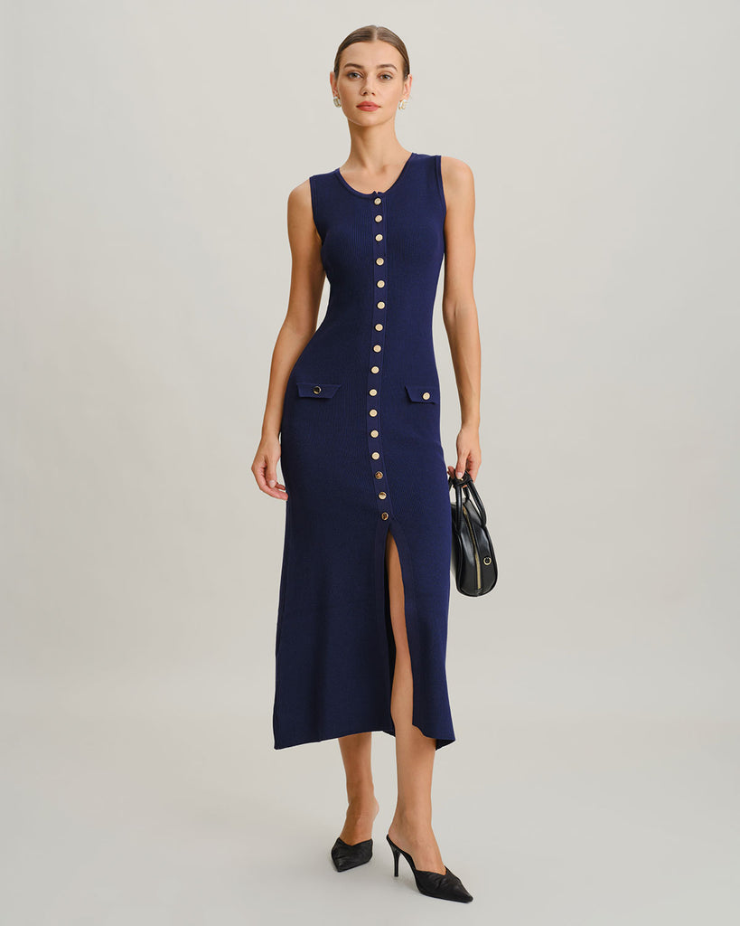 Women's Woolen Polyester Sweater Dress Blue Dresses - RIHOAS