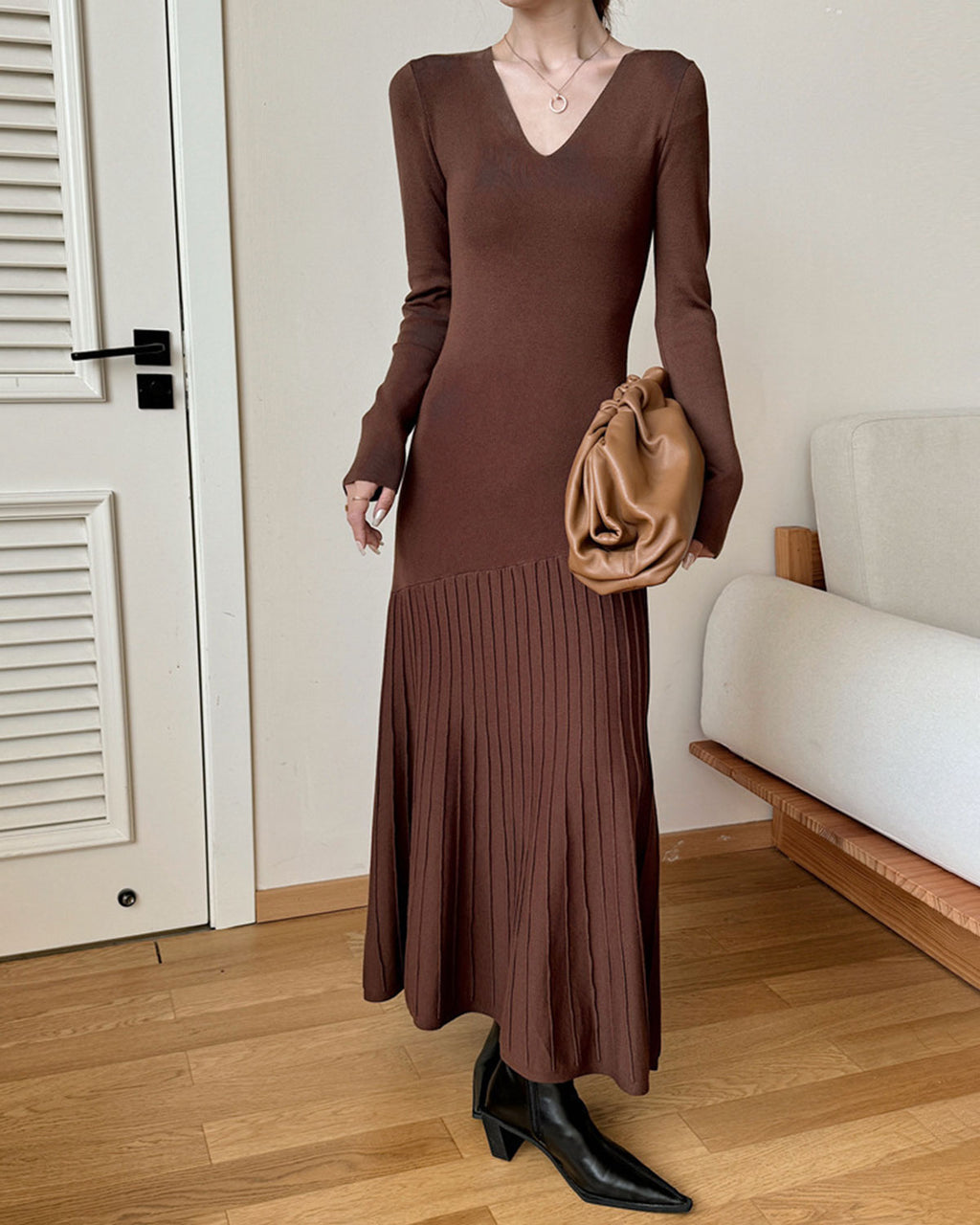 Women's Woolen Polyester Sweater Dress Coffee Dresses - RIHOAS