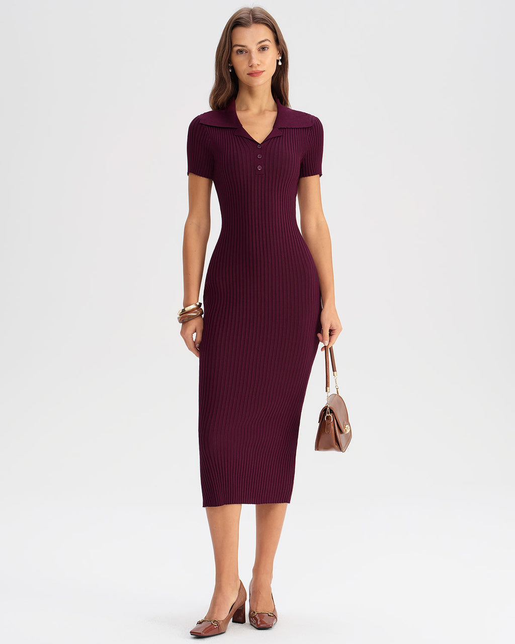 Women's Woolen Polyester  Sweater Dresses Wine Red Dresses - RIHOAS