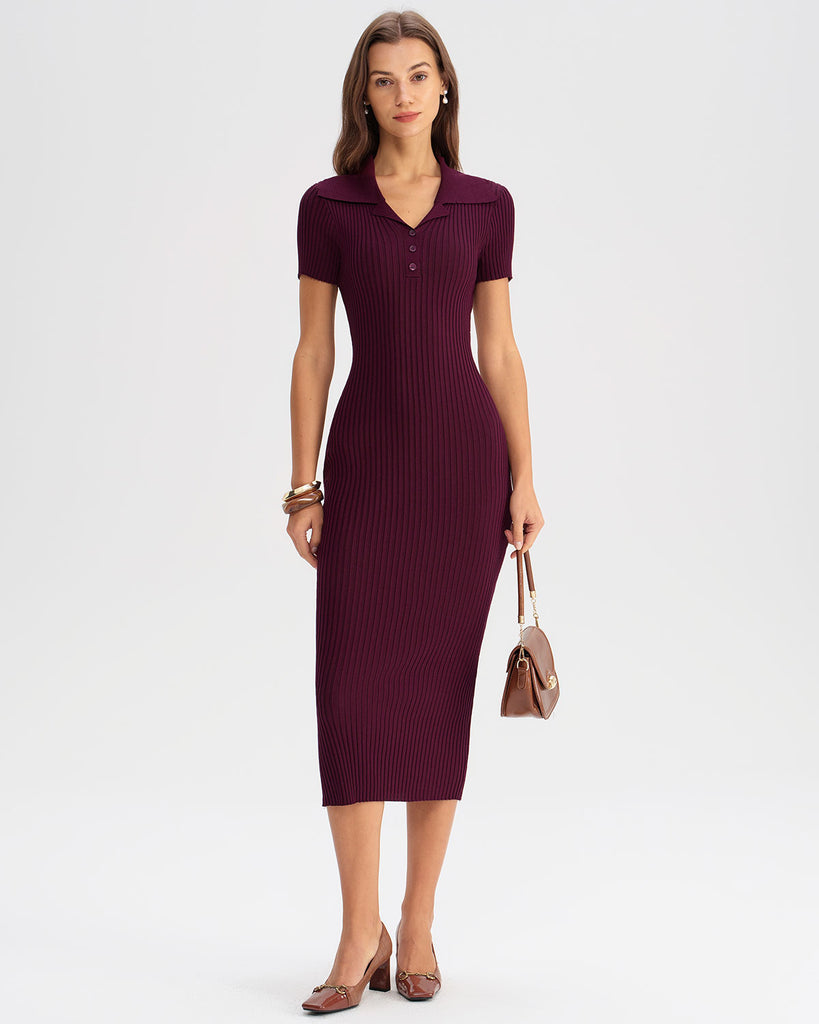 Women's Woolen Polyester  Sweater Dresses Wine Red Dresses - RIHOAS