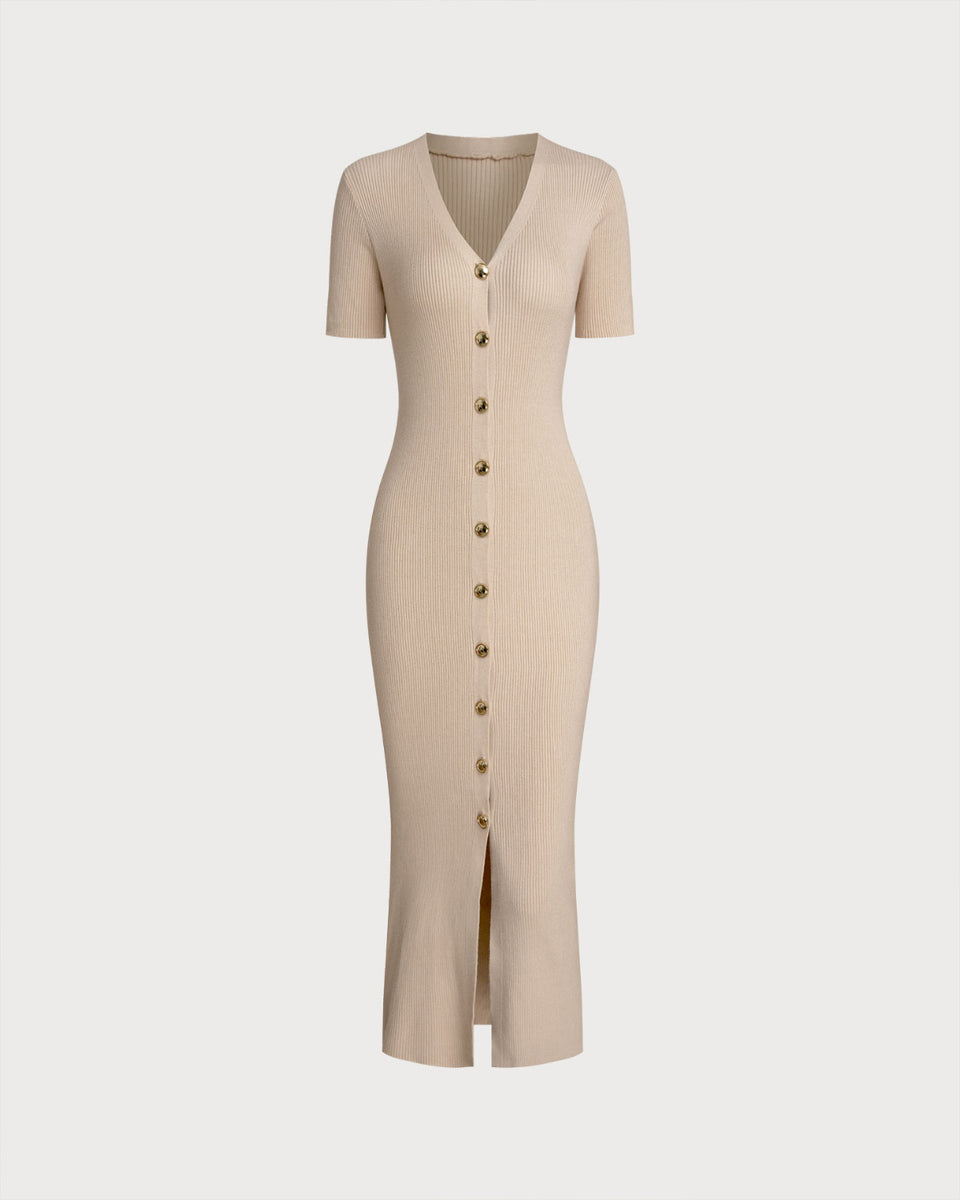 Apricot V Neck Bodycon Sweater Dress & Reviews - Apricot - Dresses | RIHOAS