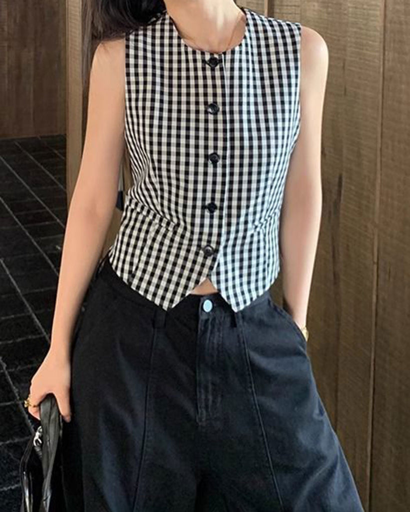 Women's Woven Acrylic Vest Black Tops - RIHOAS