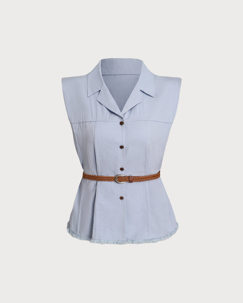 Women's Woven Cotton-Linen Shirt Blue Tops - RIHOAS