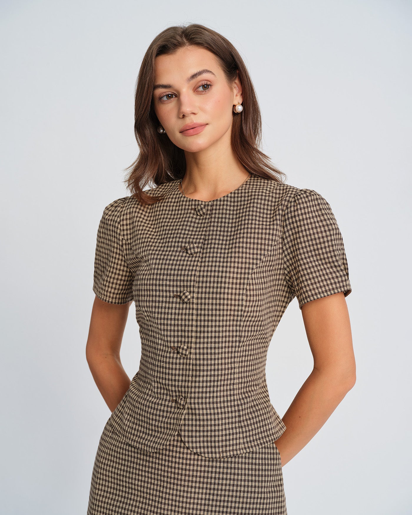 Women's Woven Cotton Blouses Brown Tops - RIHOAS