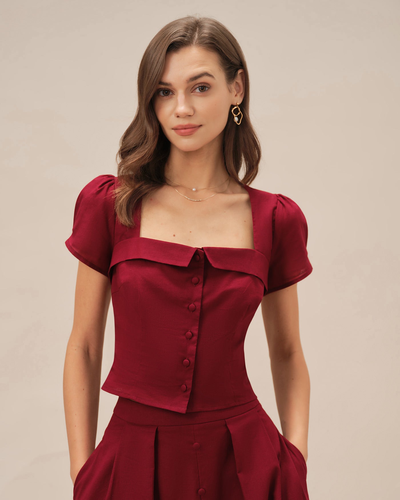 Rihoas Solid Square Neck Puff Sleeve Button Front Lace Up Blouse Top, Red / XS