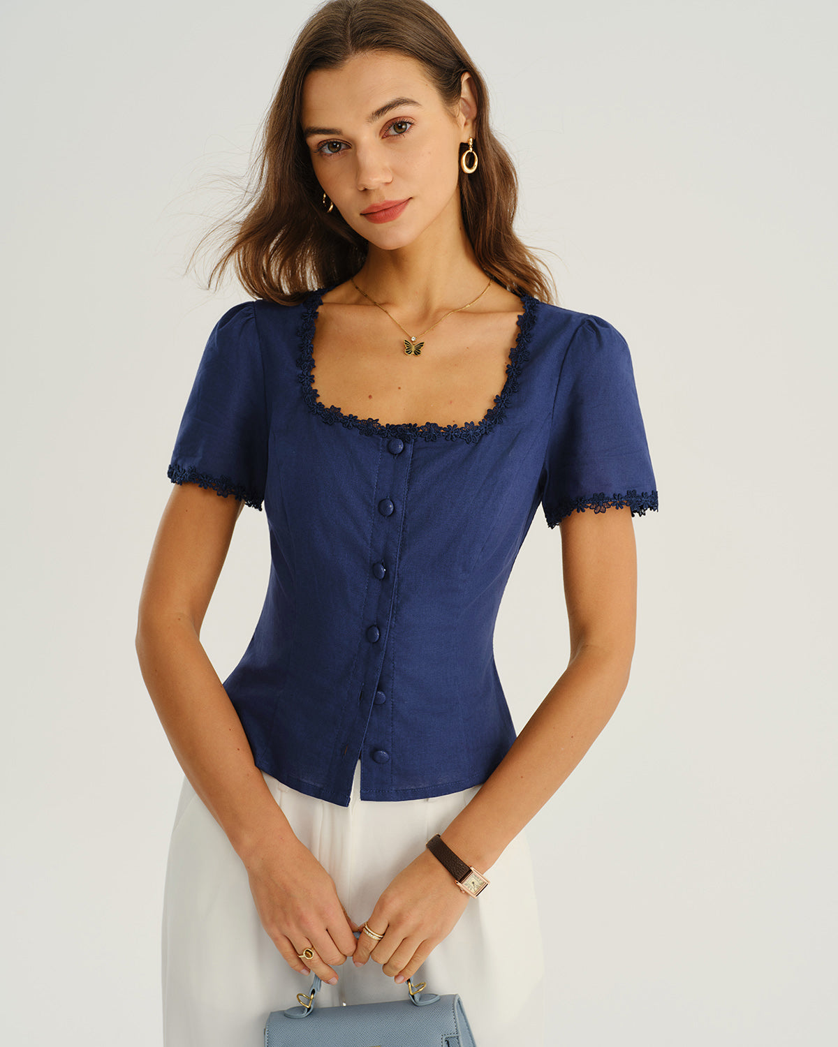 Navy Square Neck Button Blouse