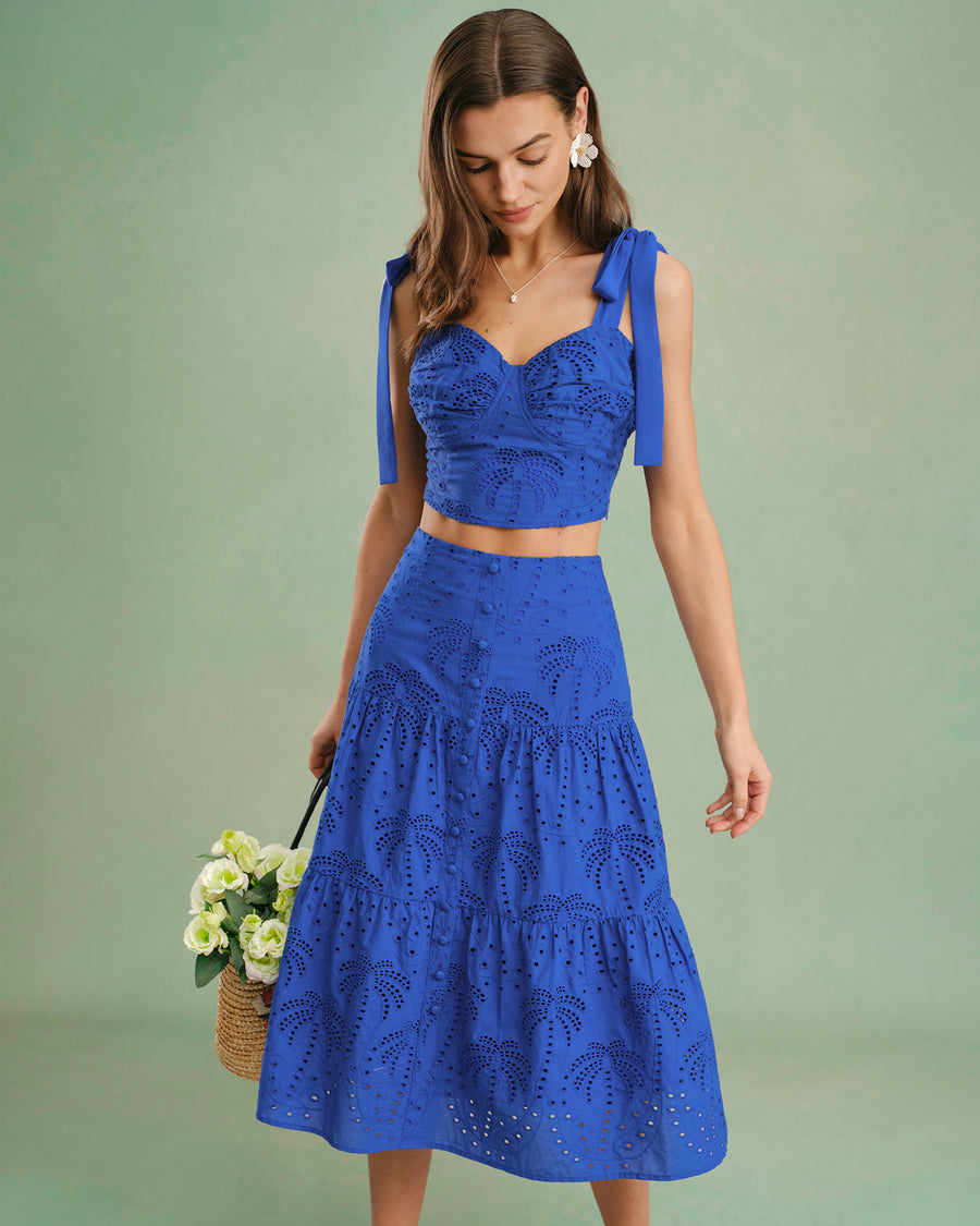 Blue sweetheart neck embroidery cami top for resort matching set