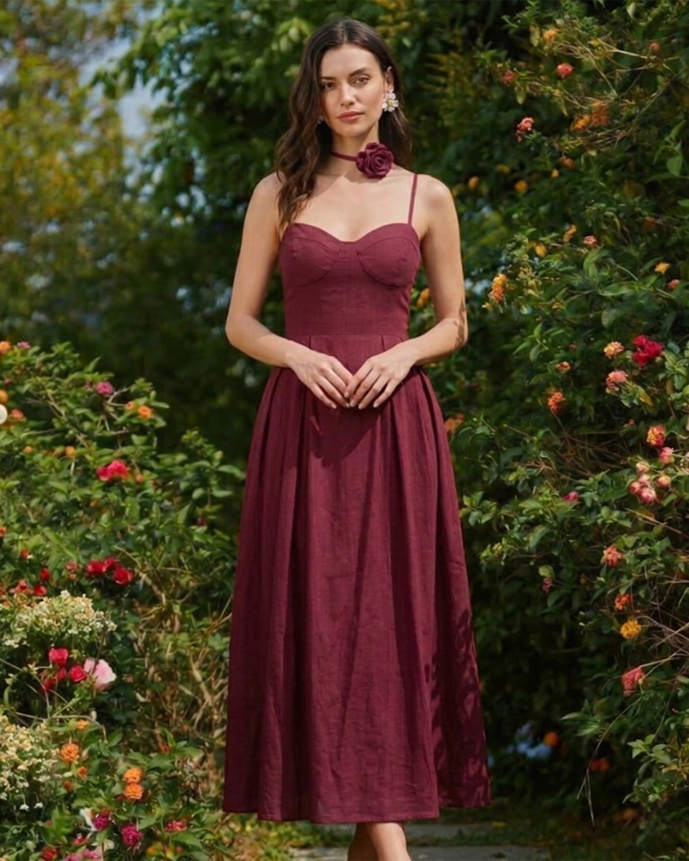 Rihoas Sweetheart Neck Bustier Midi Dress in A Linen-Blend | Burgundy Spaghetti Strap A-Line Dress, Red / XL Rihoas Sweetheart Neck Bustier Midi Dress in A Linen-Blend | Burgundy Spaghetti Strap A-Line Dress, Red / XL